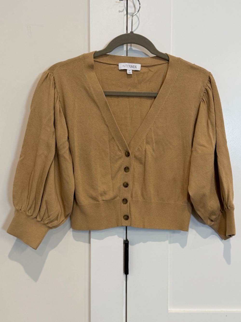 Intermix Cropped Button Front Cardigan Balloon Sleeves Camel Size M cottagecore